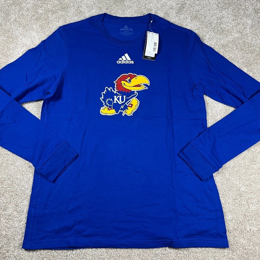 Adidas Mens M Blue Long Sleeve KU Kansas Jayhawks Basketball Amplifier Tee NWT